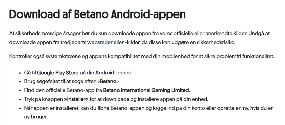 Skærmbillede af Betanos officielle danske Android-downloadvejledning