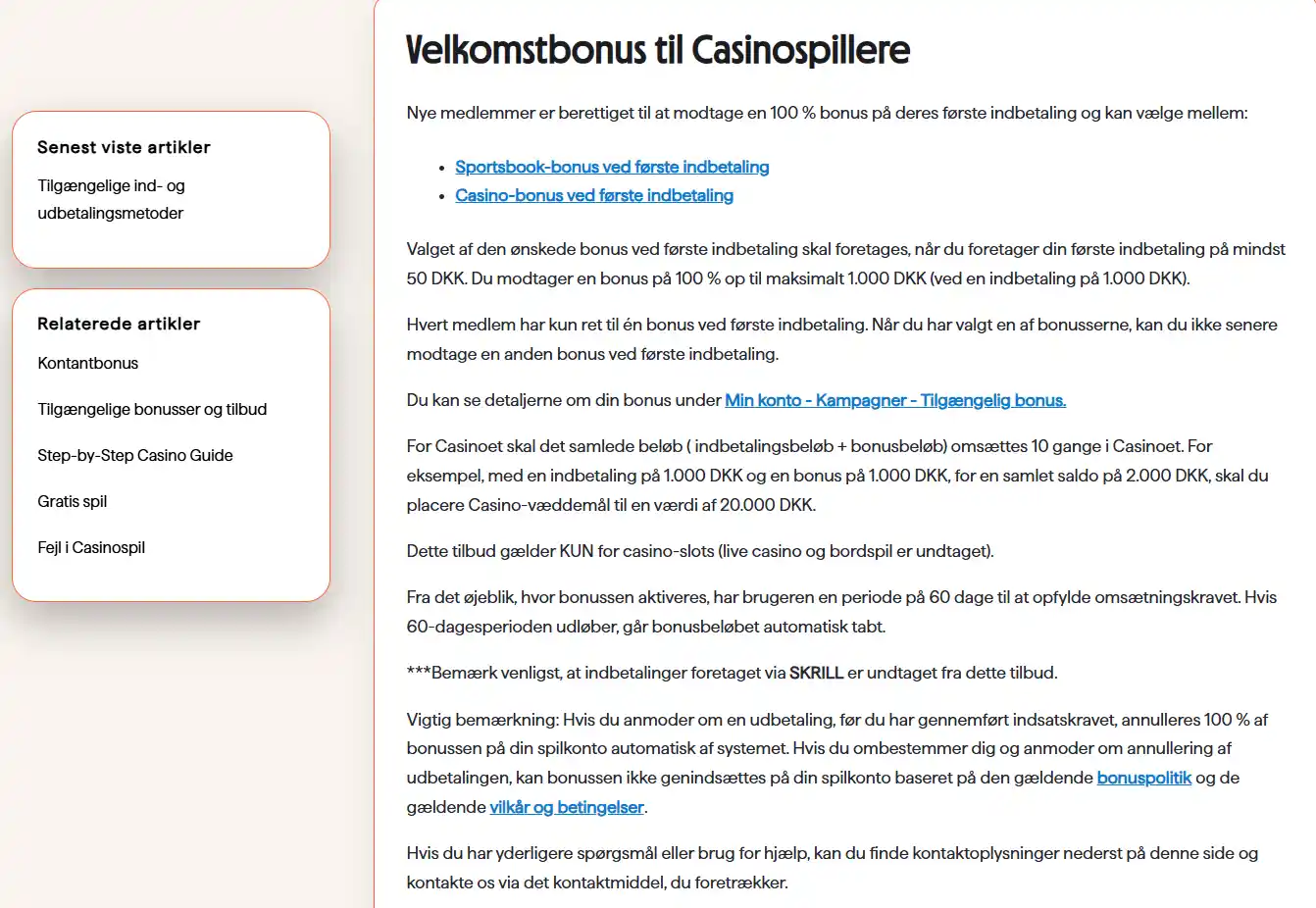 Skærmbillede af Betanos officielle danske artikel om velkomstbonus til casinospillere