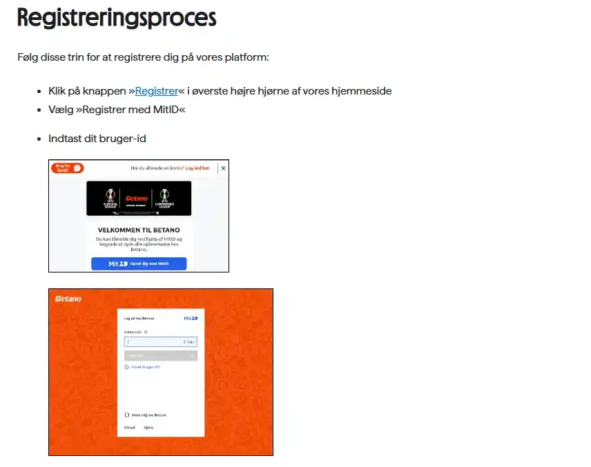 Skærmbillede af Betanos officielle danske registreringsproces med MitID og CPR