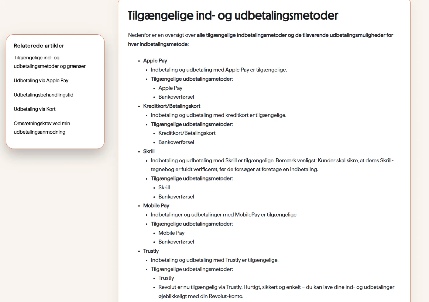 Skærmbillede af Betanos danske hjælpecenter med tilgængelige ind- og udbetalingsmetoder