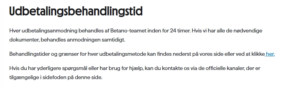 Skærmbillede af Betanos danske artikel om behandlingstid for udbetalinger